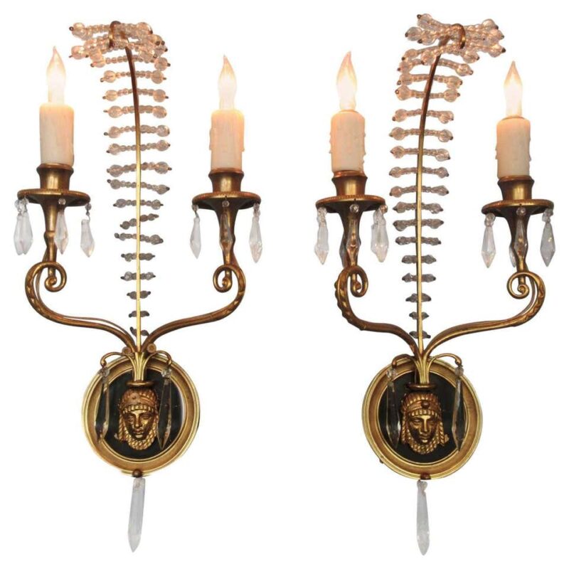 20th Century Italian Egyptian Bronze and Crystal Sconces
