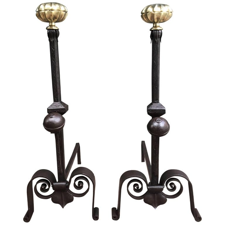 19th Century Italian Andirons With Brass Melon Tops