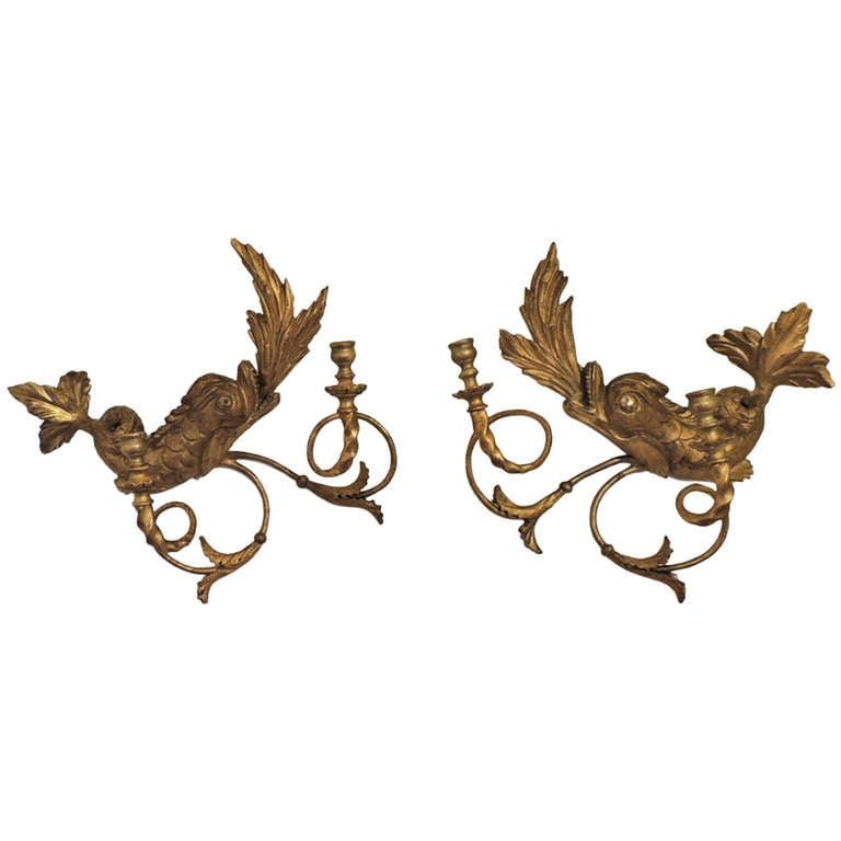 19th Century American Dolphin Giltwood Sconces