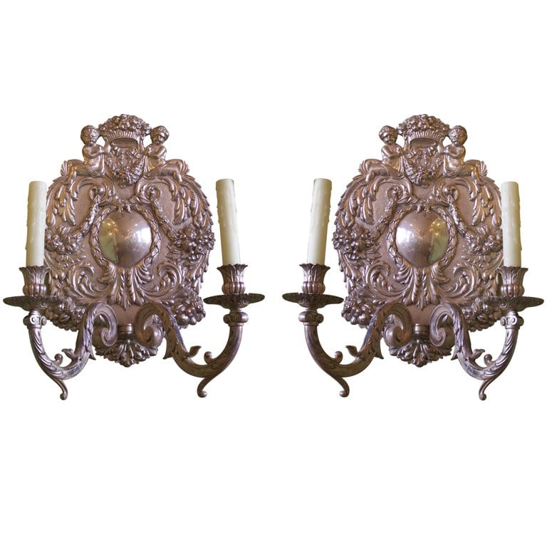 Set of Four 19th Century Baroque-Style Silver Plate Sconces