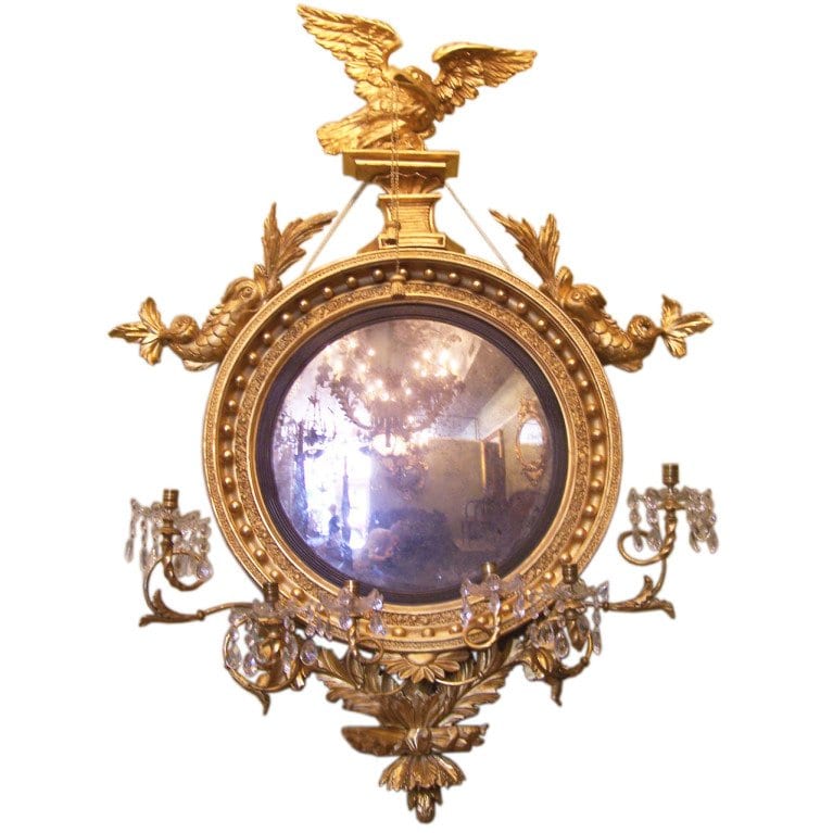 19th Century English Regency Gilt Wood Convex Mirror with Carved Eagle 19th Century English Regency Gilt Wood Convex Mirror with Carved Eagle