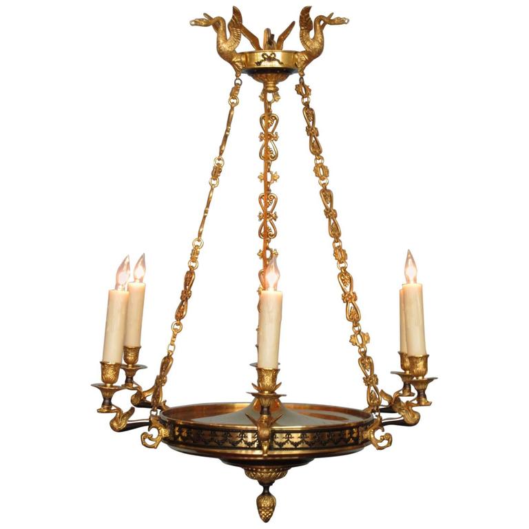 19th Century French Restoration Patinated and Bronze Doré Swan Chandelier