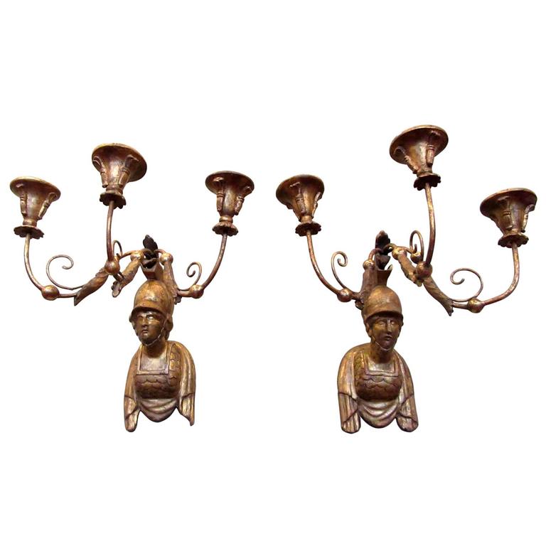 19th Century Italian Neoclassical Giltwood Sconces with Roman Soldier Busts