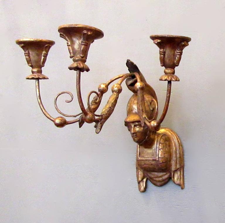 19th Century Italian Neoclassical Giltwood Sconces with Roman Soldier Busts