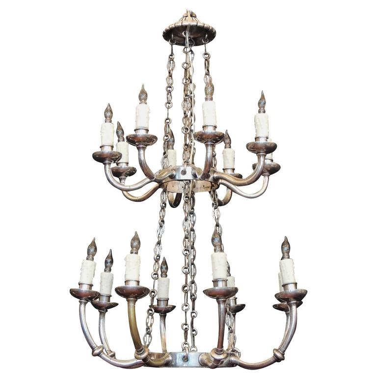 19th Century Neoclassical Silver Plated Bronze Two-Tiered Chandelier