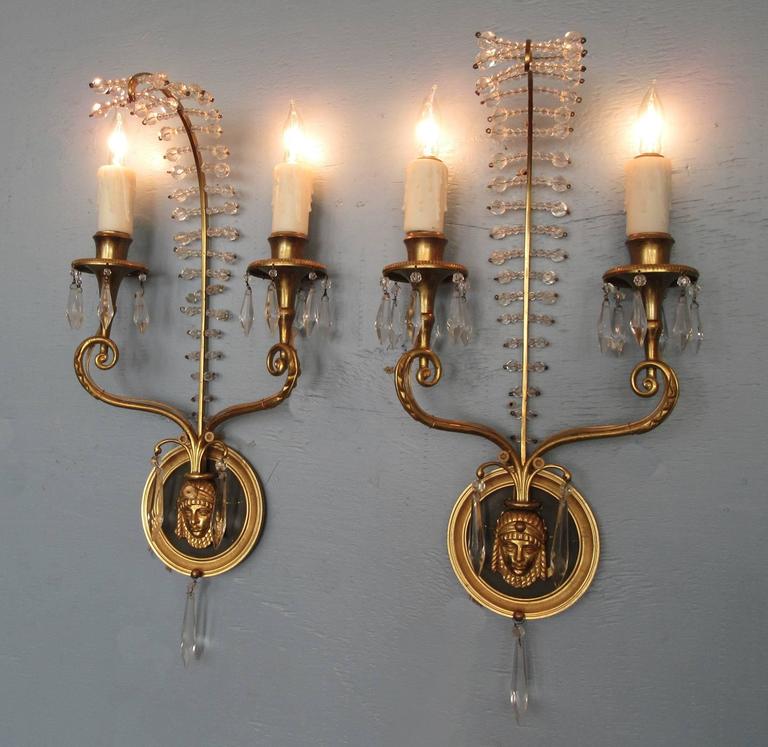 20th Century Italian Egyptian Bronze and Crystal Sconces
