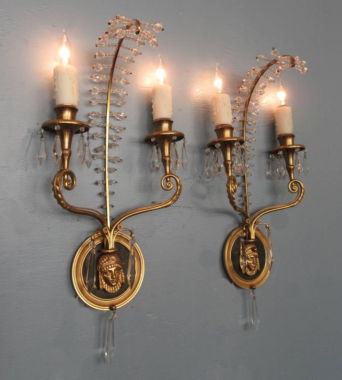 20th Century Italian Egyptian Bronze and Crystal Sconces