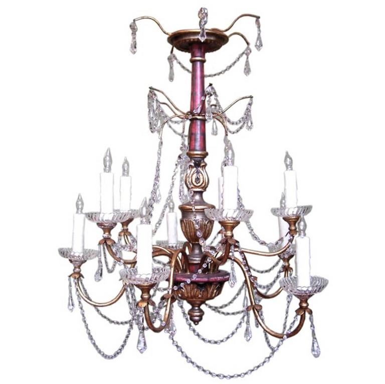 20th Century Italian Genoese Faux Painted Giltwood, Tole, and Crystal Chandelier