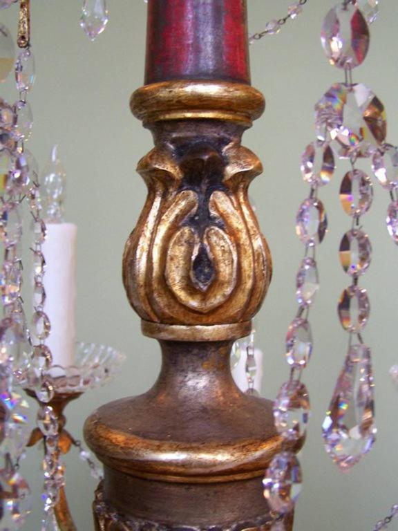 20th Century Italian Genoese Faux Painted Giltwood, Tole, and Crystal Chandelier