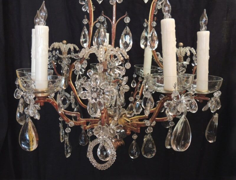 20th Century French Iron, Tole, and Crystal Chandelier, attributed to Bagues