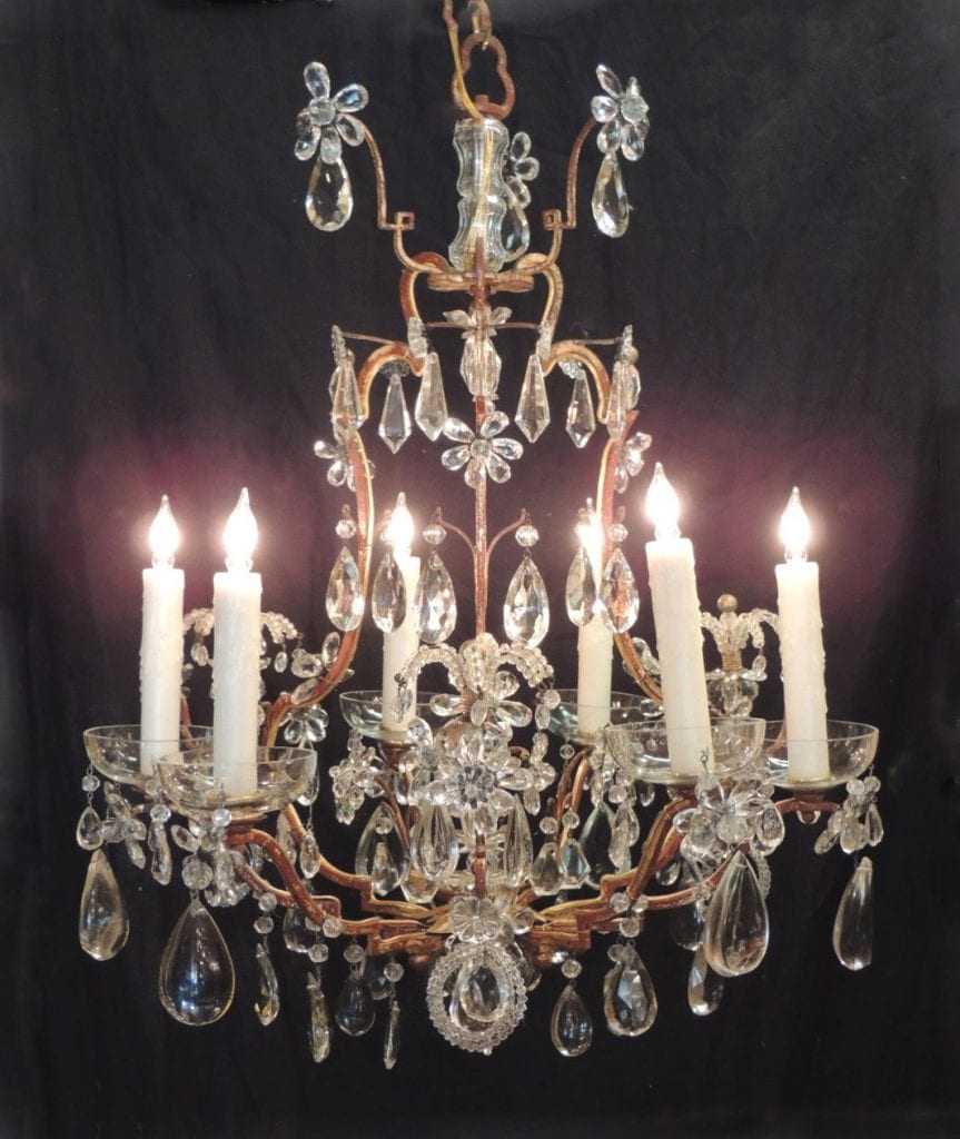 20th Century French Iron, Tole, and Crystal Chandelier, attributed to Bagues