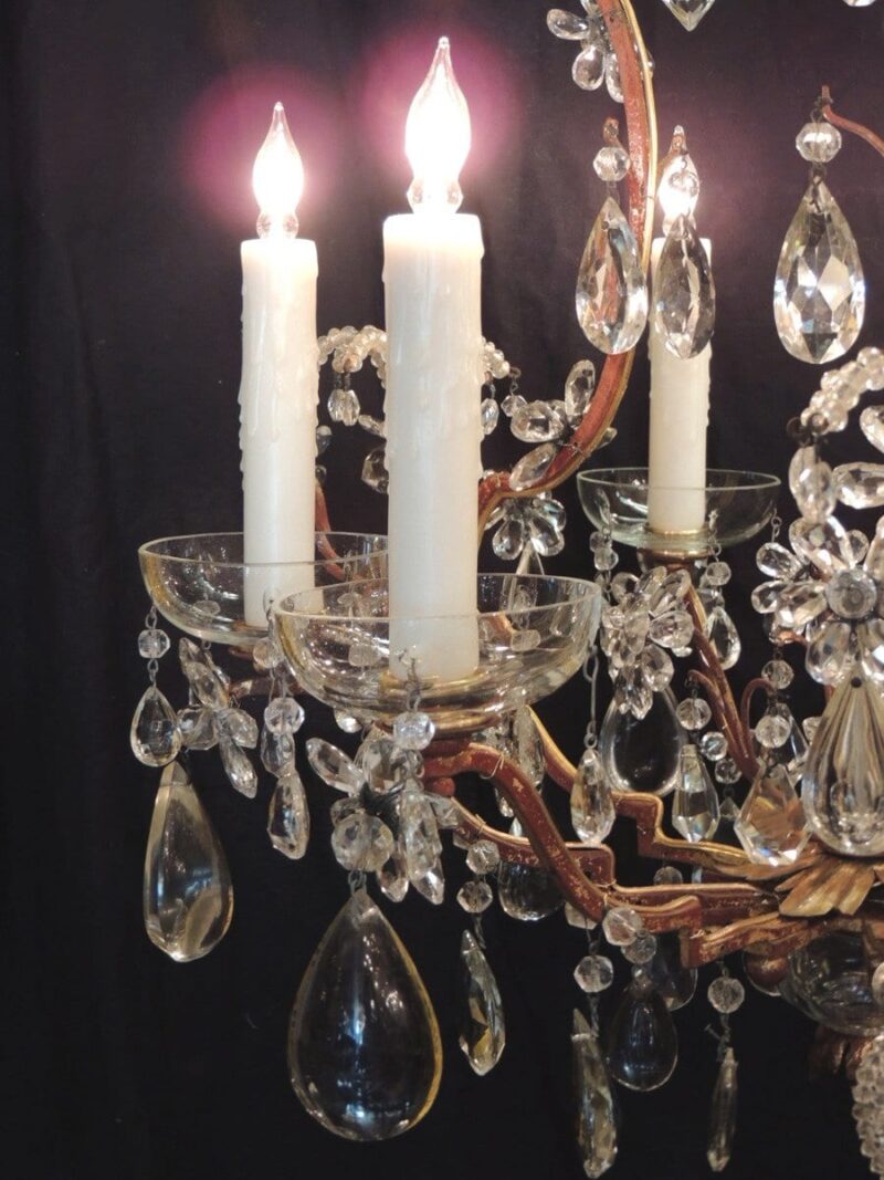 20th Century French Iron, Tole, and Crystal Chandelier, attributed to Bagues
