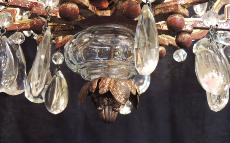 20th Century French Iron, Tole, and Crystal Chandelier, attributed to Bagues
