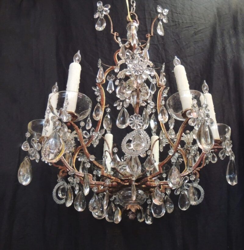 20th Century French Iron, Tole, and Crystal Chandelier, attributed to Bagues