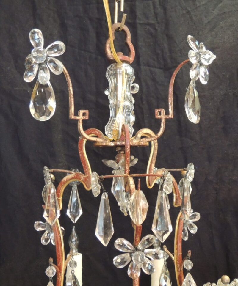 20th Century French Iron, Tole, and Crystal Chandelier, attributed to Bagues