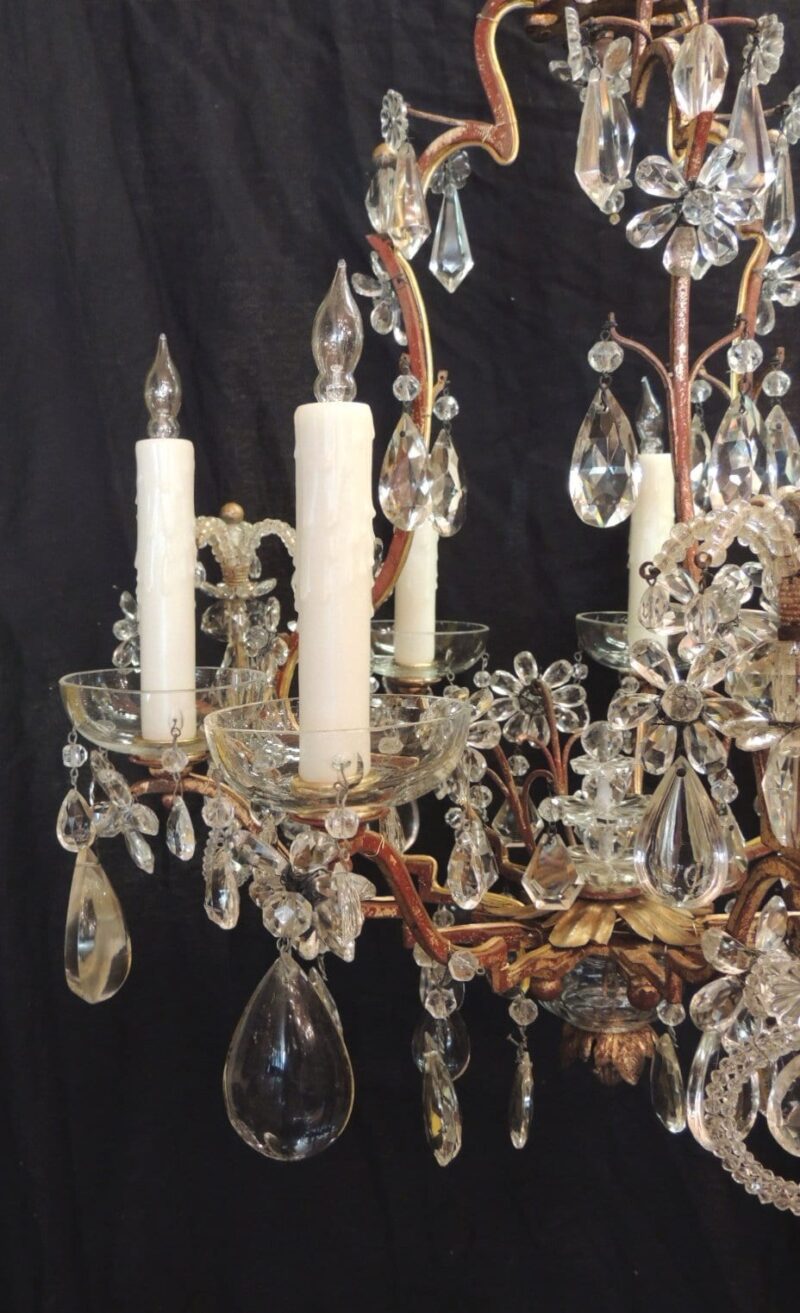 20th Century French Iron, Tole, and Crystal Chandelier, attributed to Bagues