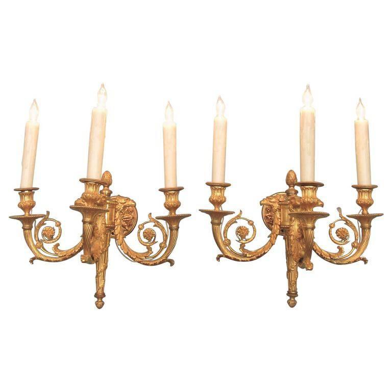 Pair of 19th Century French Empire Bronze Doré Sconces with Exceptional Casting