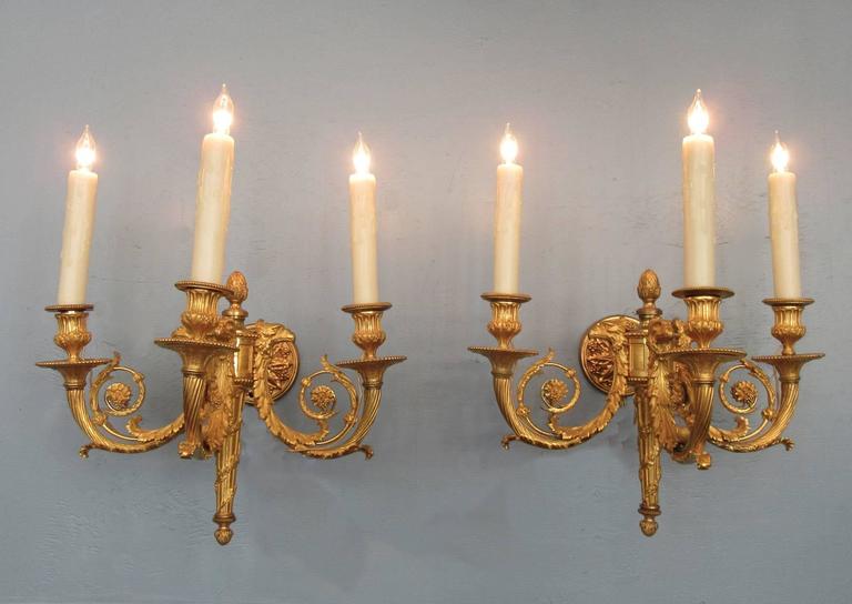Pair of 19th Century French Empire Bronze Doré Sconces with Exceptional Casting