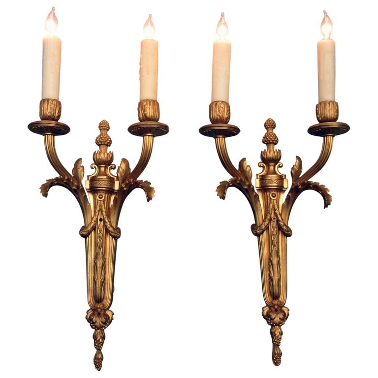 Pair of 19th Century French Louis XVI Bronze Doré Sconces