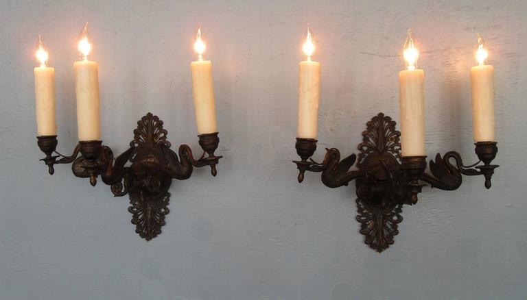 Pair of 20th Century Italian Empire Patinated Bronze Sconces with Swans