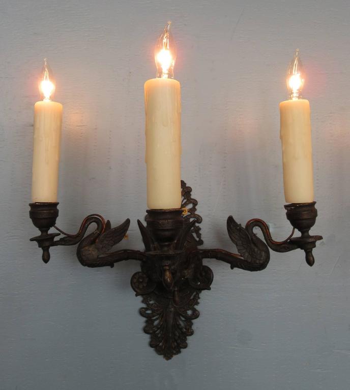 Pair of 20th Century Italian Empire Patinated Bronze Sconces with Swans