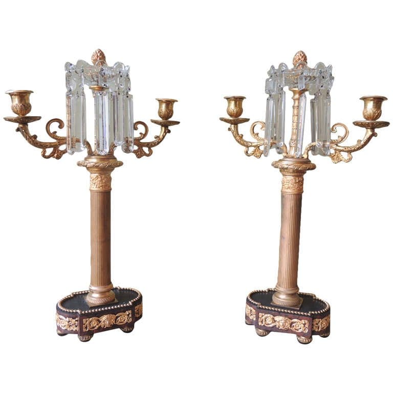 Pair of 19th Century French Crystal and Bronze Doré Candelabras