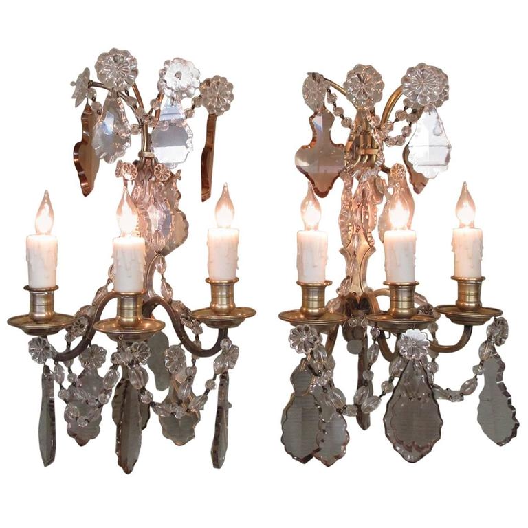 Pair of 20th Century French Louis XIV Crystal and Bronze Sconces