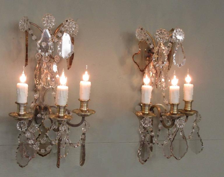 Pair of 20th Century French Louis XIV Crystal and Bronze Sconces