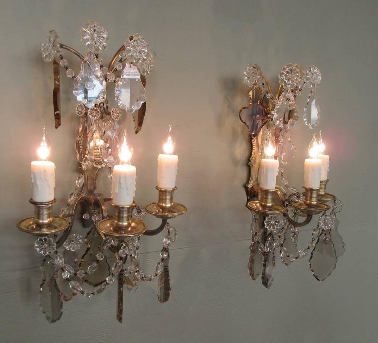 Pair of 20th Century French Louis XIV Crystal and Bronze Sconces