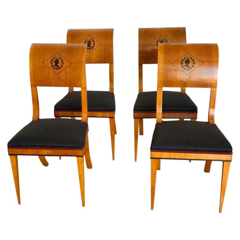 Set of 4 Austrian Scrolled Back Side Chairs with Ebony Inlaid Silhouettes