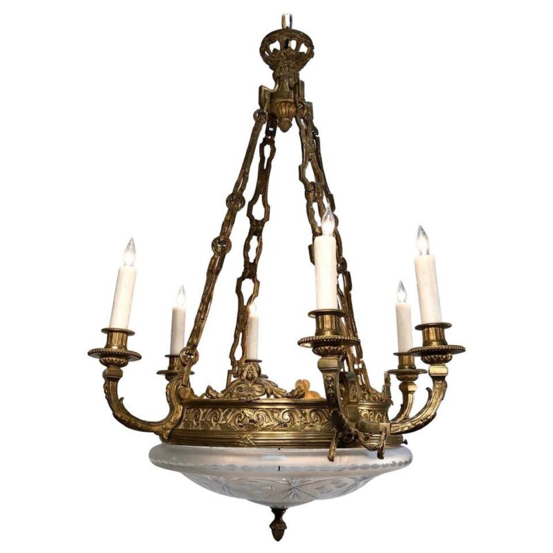 French Louis XV Style Bronze and Crystal Bowl Chanderlier, Early 20th Century