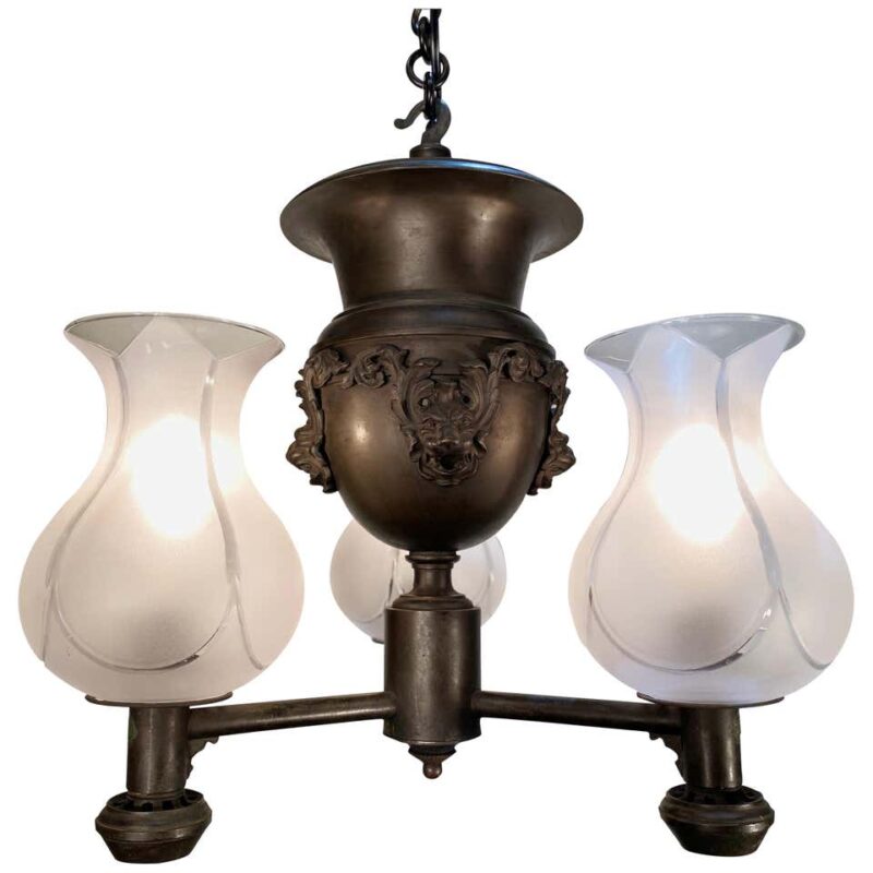 English Regency Bronze Argand Chandelier with Neoclassical Lion Mask