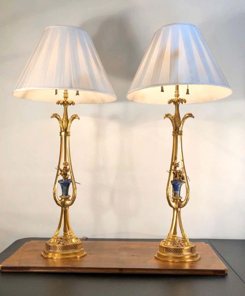 19th Century Pair of French Bronze Doré and Lapis Lamps with Eagle Heads - Image 7