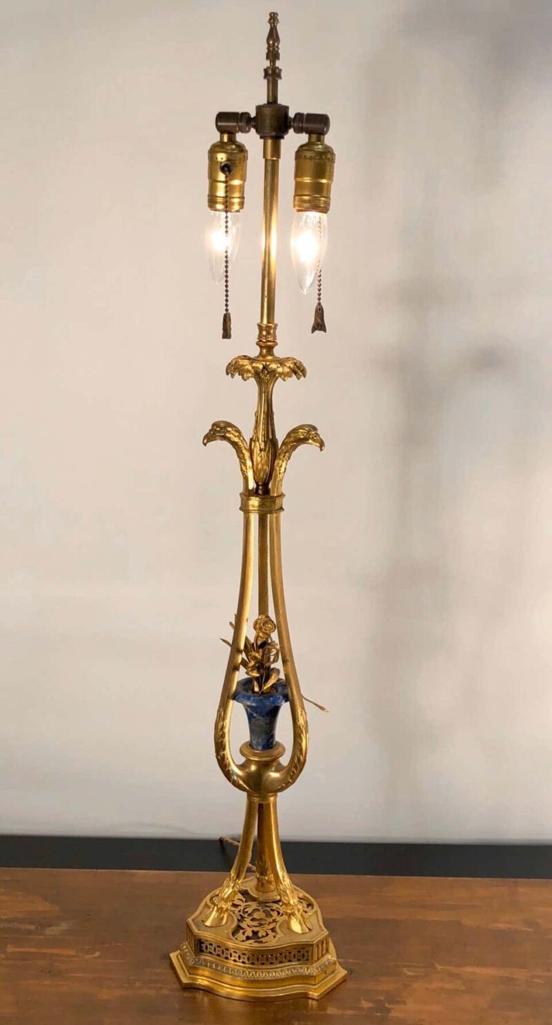 19th Century Pair of French Bronze Doré and Lapis Lamps with Eagle Heads - Image 8