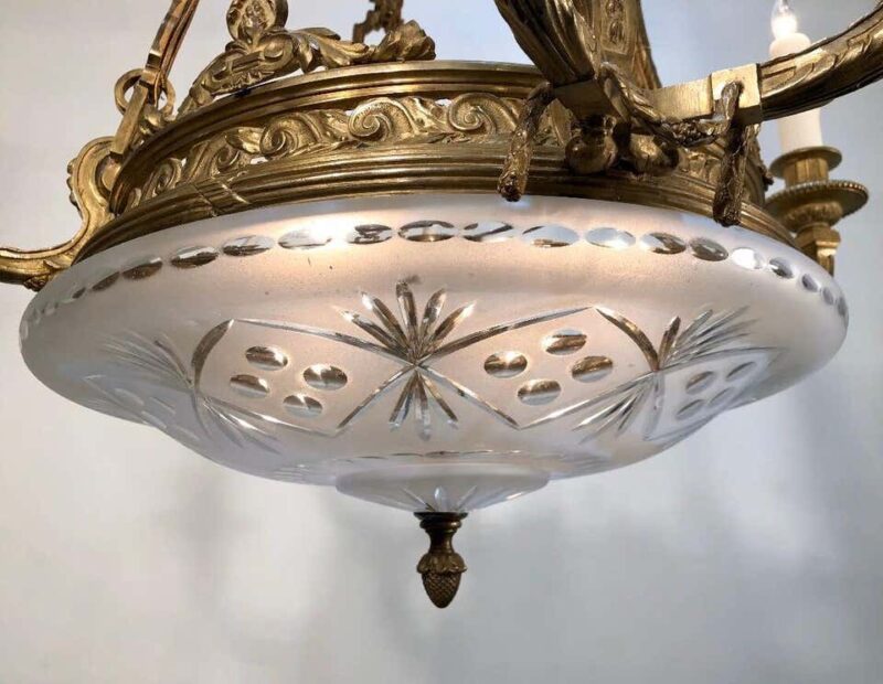 French Louis XV Style Bronze and Crystal Bowl Chanderlier, Early 20th Century - Image 7