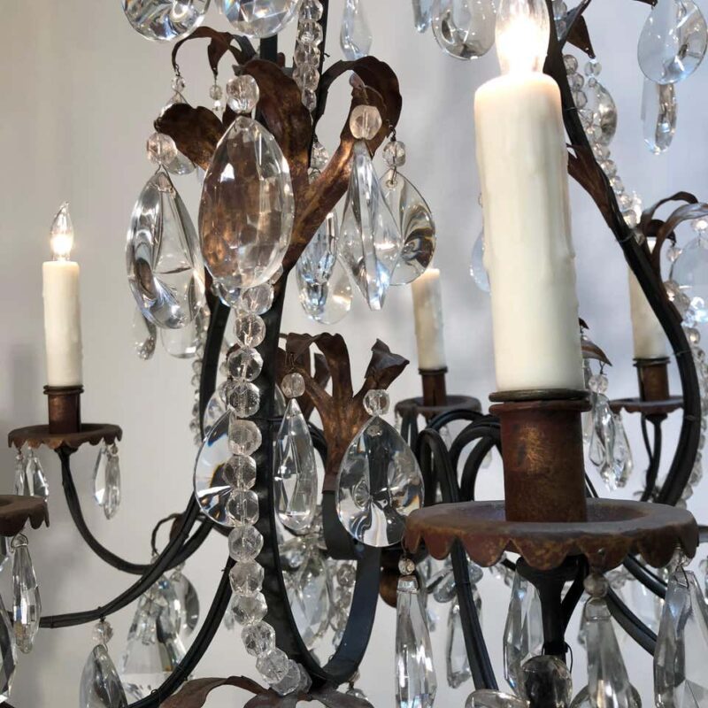19th Century French Louis XV Style Chinoiserie Iron and Crystal Chandelier - Image 9