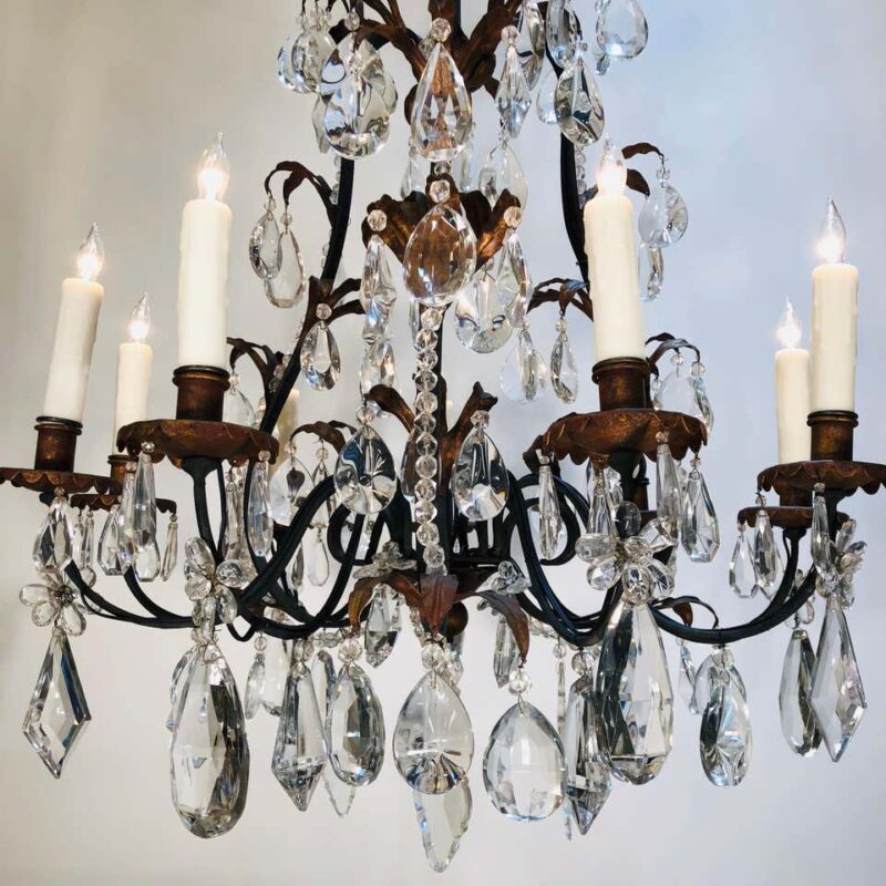 19th Century French Louis XV Style Chinoiserie Iron and Crystal Chandelier - Image 2