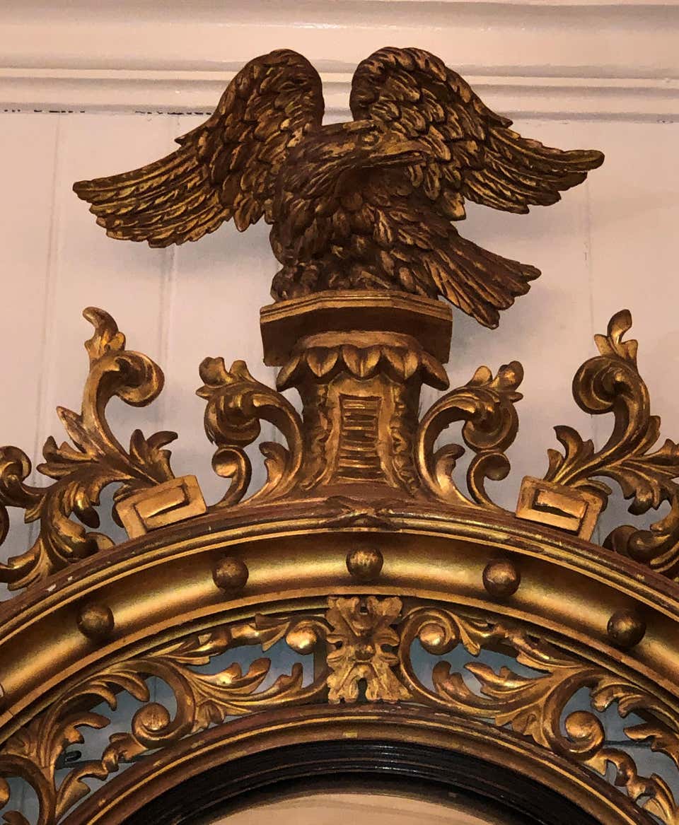19th Century English Regency Gilt Wood Convex Mirror with Carved Eagle 19th Century English Regency Gilt Wood Convex Mirror with Carved Eagle