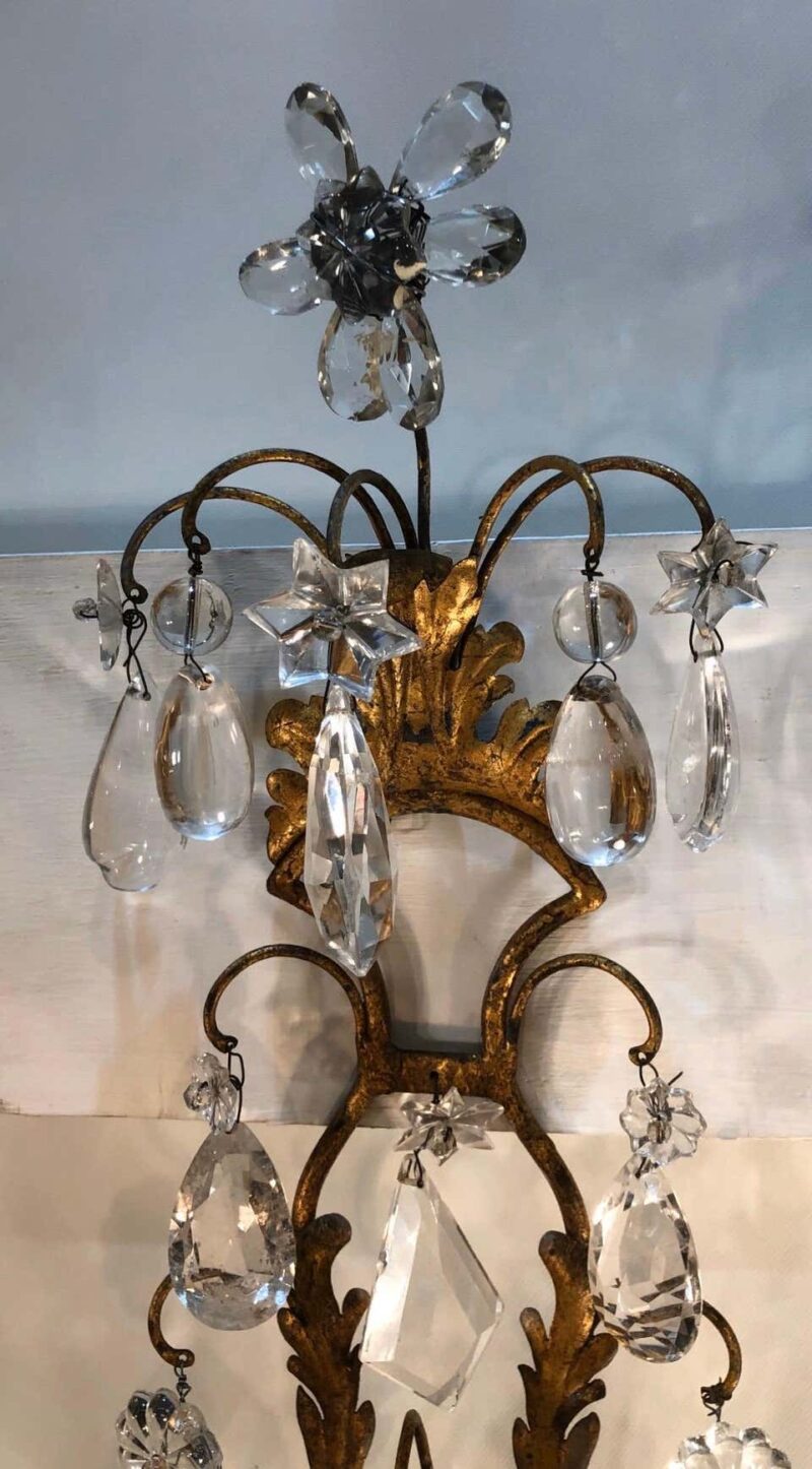 Pair of 19th Century Italian Gilt Tôle Rock Crystal Sconces - Image 3