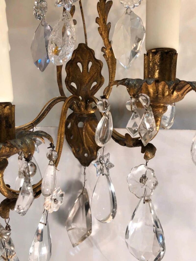 Pair of 19th Century Italian Gilt Tôle Rock Crystal Sconces - Image 4