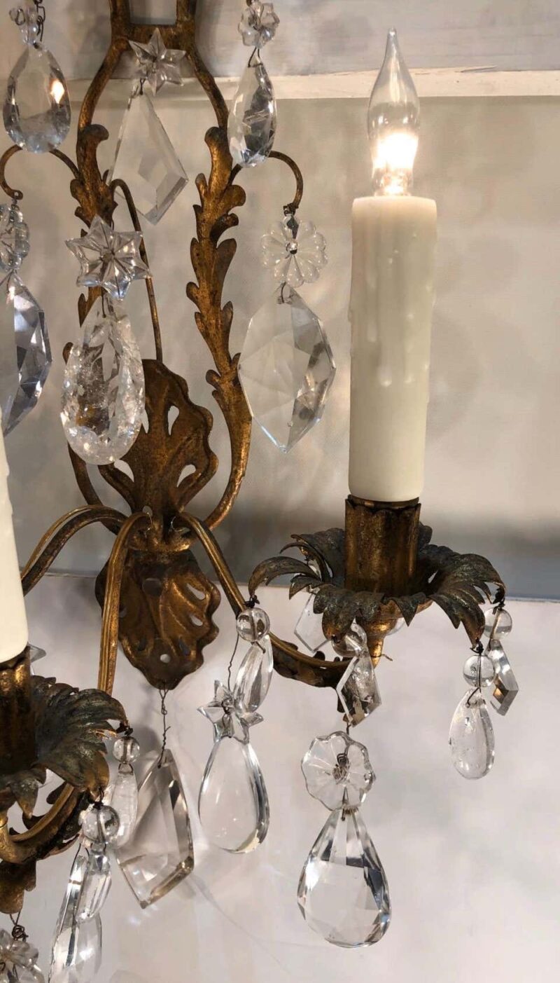 Pair of 19th Century Italian Gilt Tôle Rock Crystal Sconces - Image 5