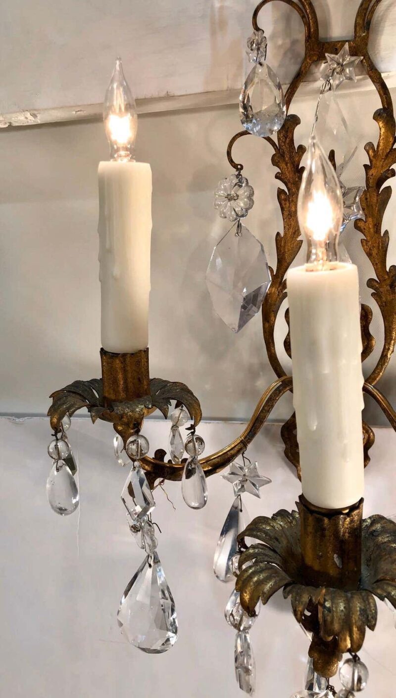 Pair of 19th Century Italian Gilt Tôle Rock Crystal Sconces - Image 7