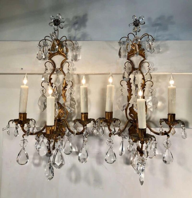 Pair of 19th Century Italian Gilt Tôle Rock Crystal Sconces - Image 8