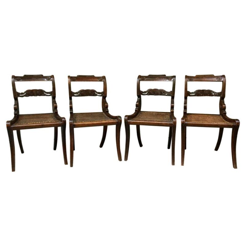 Early 19th Century Set of Four Regency Faux Grained Painted Cane Set Chairs