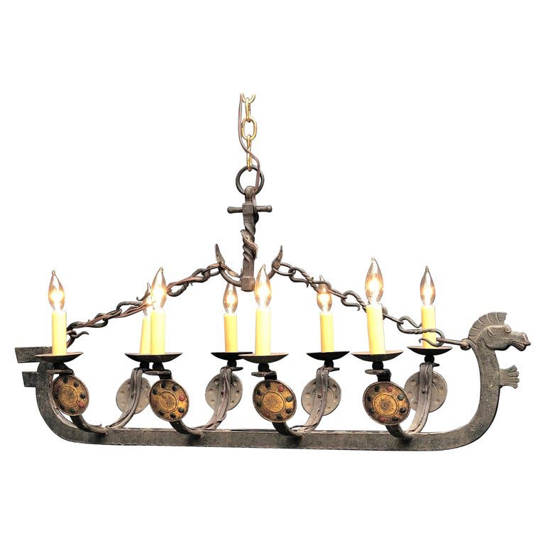 French Wrought Iron Viking Dragon Ship Chandelier